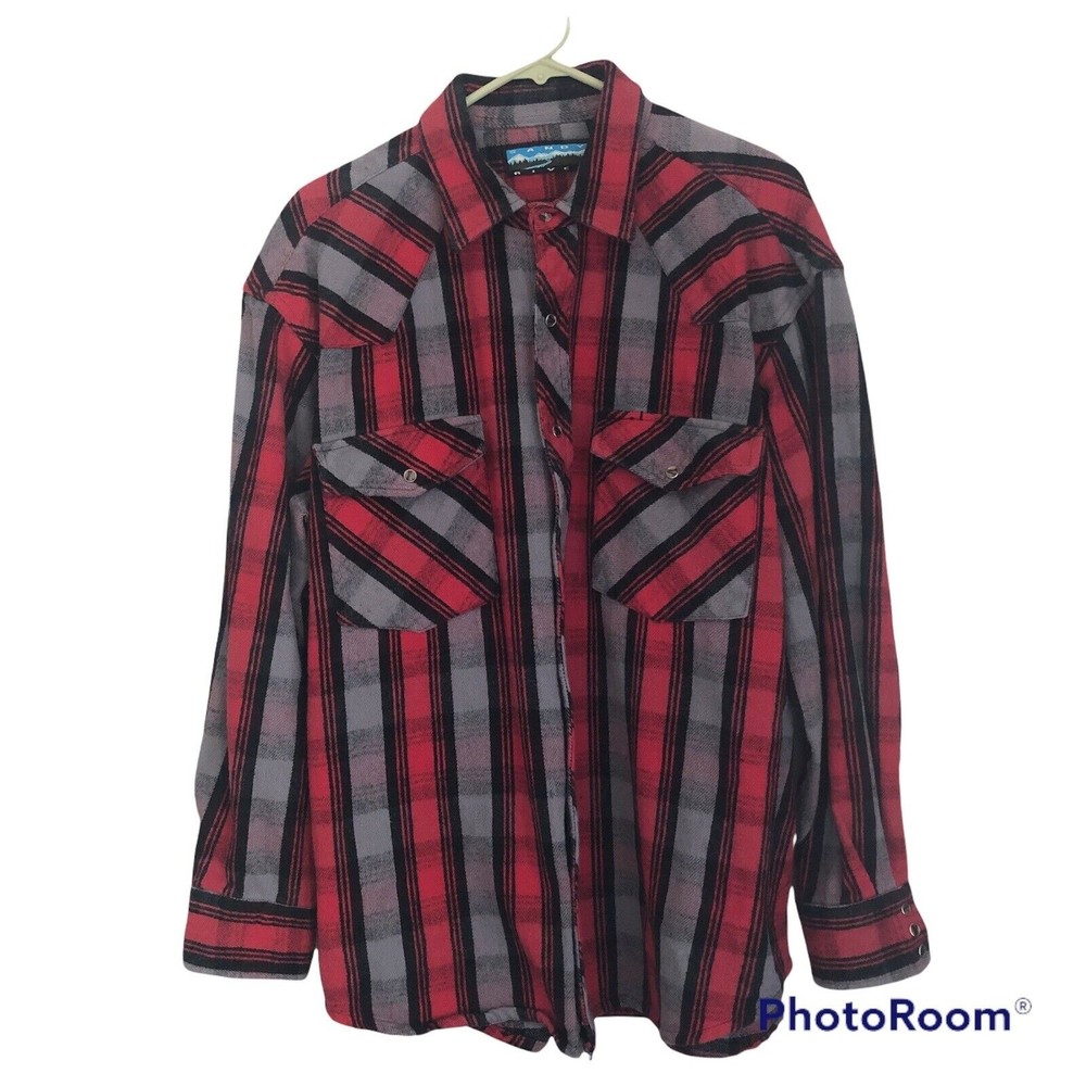 Sandy River Pearl Snap Plaid Flannel Shirt Heavyweight Shacket S27